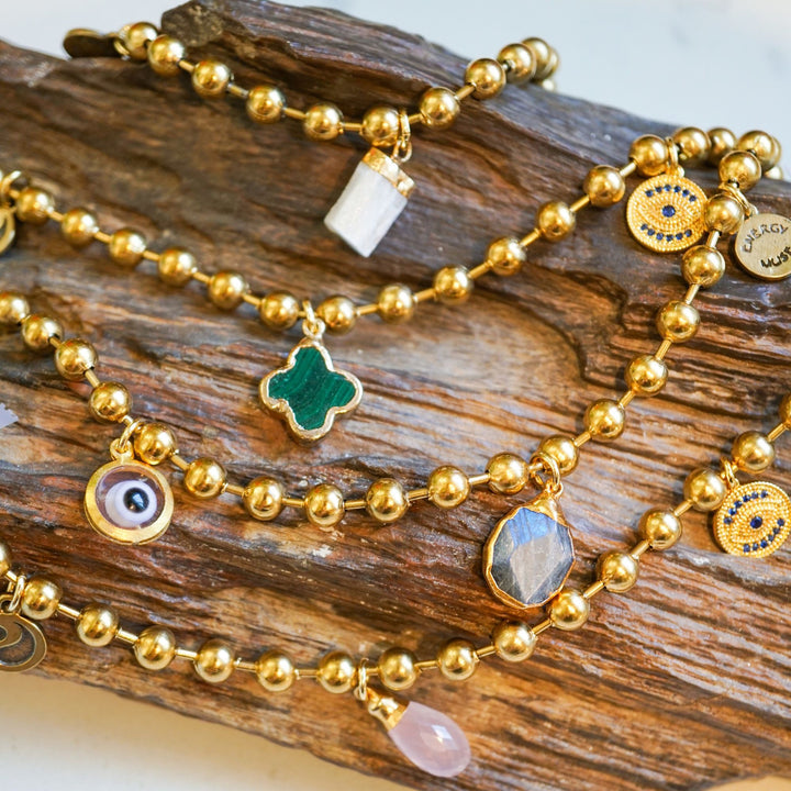 Gold Charm Bracelet with CZ Evil Eye & Rose Quartz