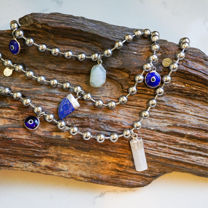 Silver Charm Bracelet with Smoky Quartz & Blue Evil Eye