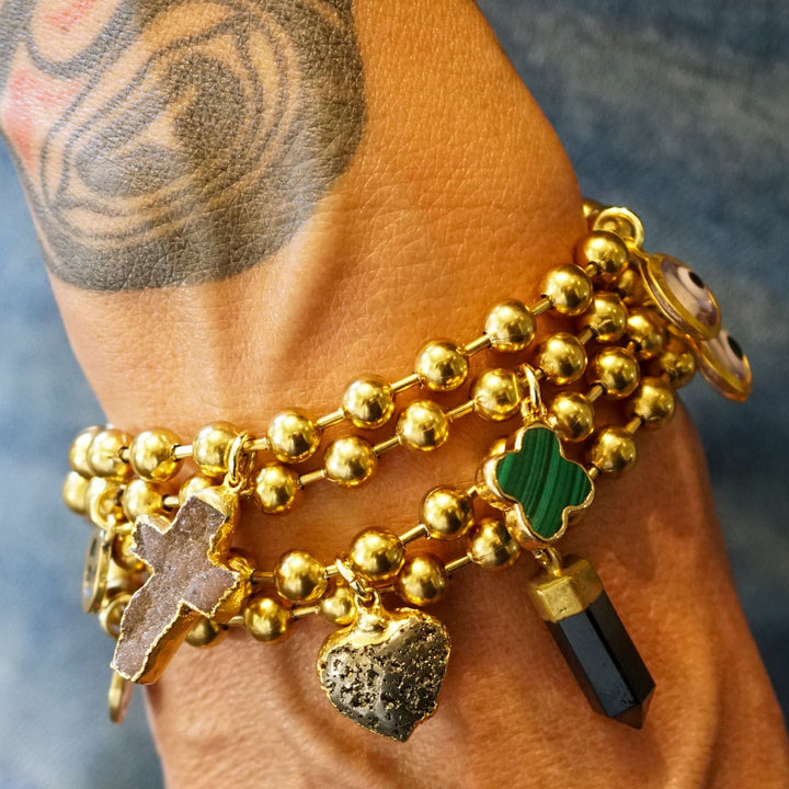 Gold Charm Bracelet with CZ Evil Eye & Rose Quartz