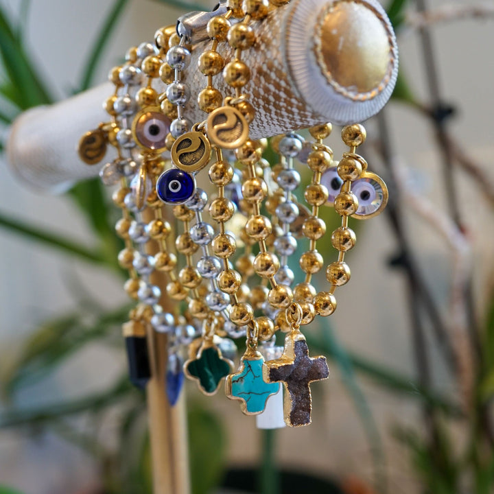 Gold Charm Bracelet with CZ Evil Eye & Rose Quartz