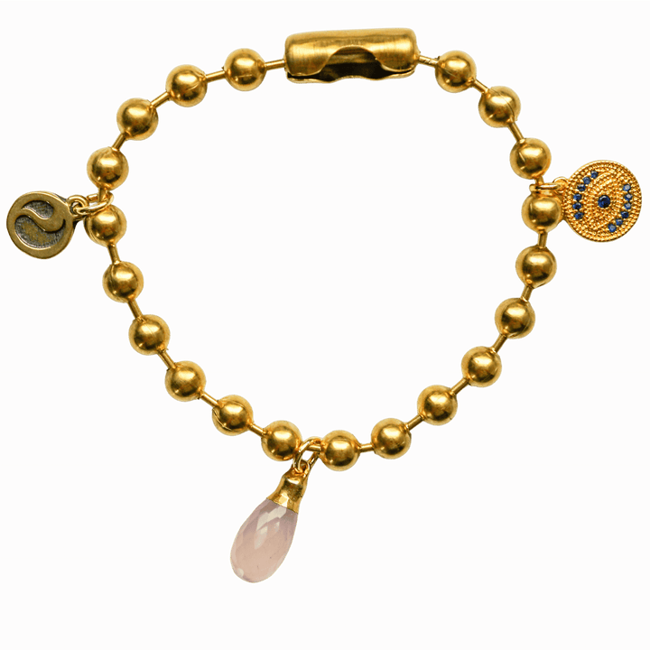 Gold Charm Bracelet with CZ Evil Eye & Rose Quartz