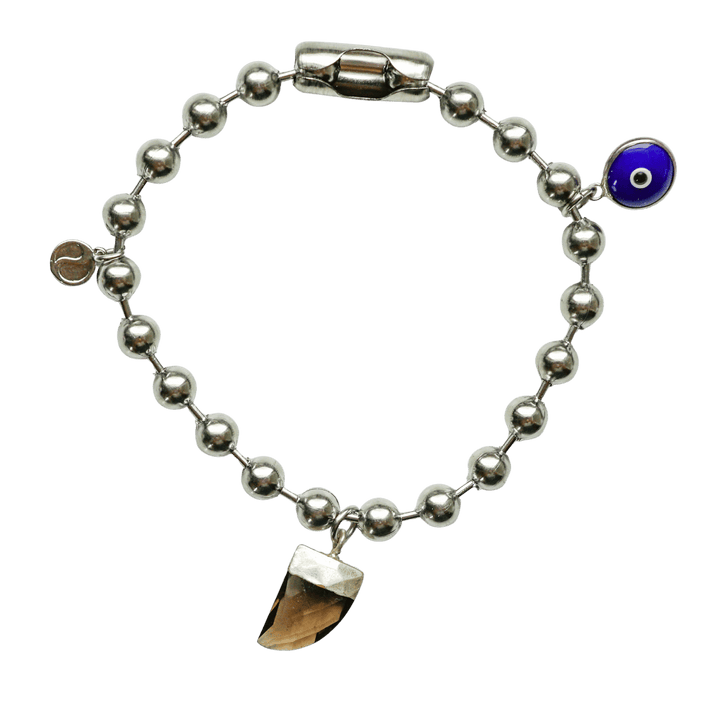 Silver Charm Bracelet with Smoky Quartz & Blue Evil Eye